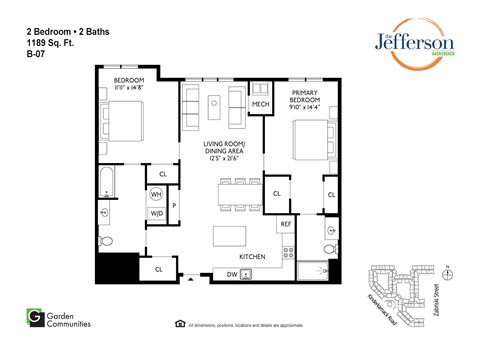 Floor plan for 2 beds, 2 baths, 1189 sqft